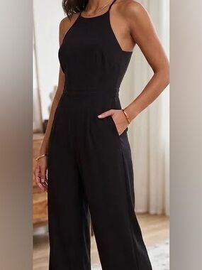 Abercrombie & Fitch Black Wide-Leg Back-Tie Jumpsuit